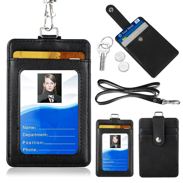 Top Load ID Badge Card Holder PU Leather Neck Strap Lanyard Case Credit Wallet