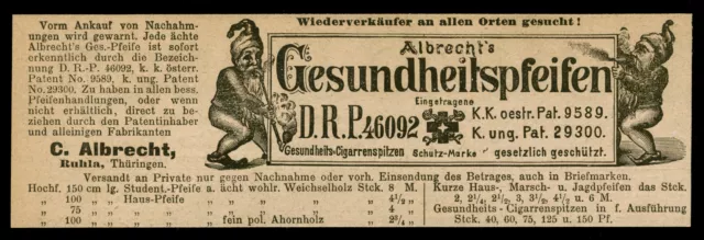 Alte Werbung 1890 Gesundheitspfeifen C. Albrecht Ruhla Thüringen Zwerg Zwerge