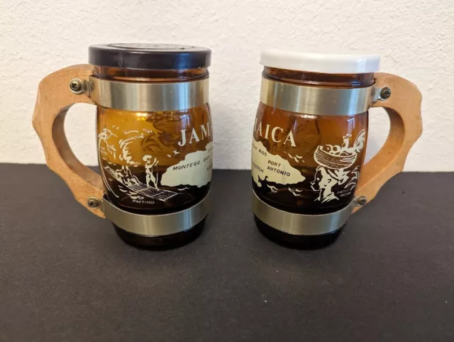 Vintage Brown Glass Beer Mug Salt and Pepper Shakers Souvenir Jamaica VGC