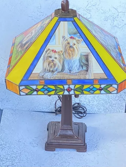 Rare Danbury Mint Yorkie Stained Glass Lamp Tiffany-Style Yorkshire Terrier Dog
