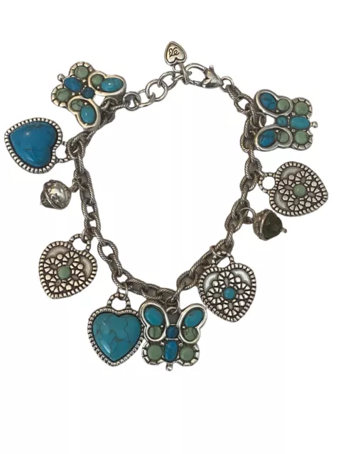 Brighton Butterflight Heart Butterfly Turquoise Charm Bracelet Silver Tone 8”