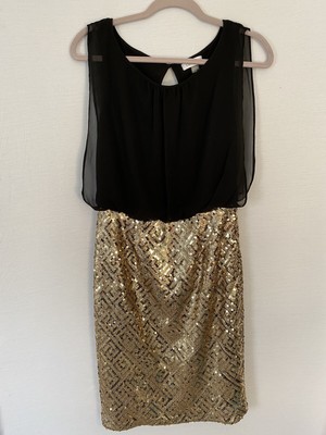 Calvin Klein Women's Sequined Blouson Party Dress Size 4 Black with Gold Sequins