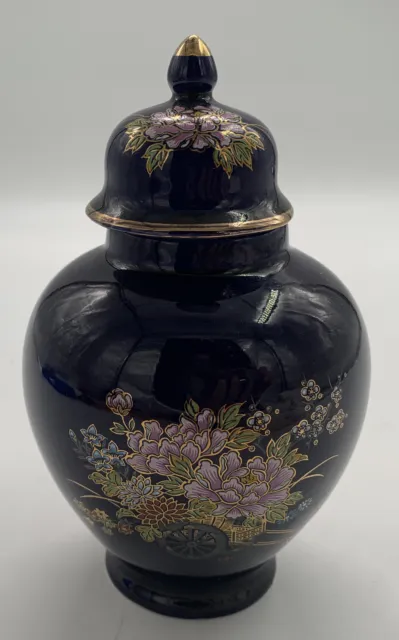 Ginger Jar Japanese Cobalt Blue Gold Wagon Lotus Floral Porcelain Urn  Vase Lid