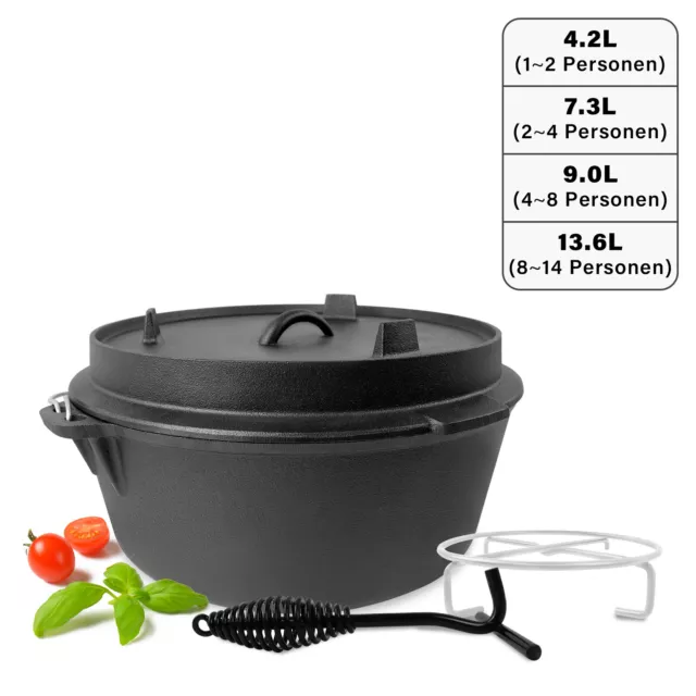 Dutch Oven Set Deckelheber BBQ Gusseisen Gusstopf Feuertopf Schmortopf mit Füßen