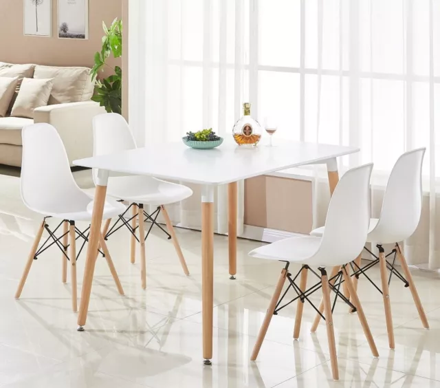 Eiffel Halo Dining Set Table Rectangle Large + 4 Chairs White Wooden Modern Home