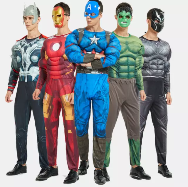 Adult Men's Superhero Costume Muscle Jumpsuit Mask Cape Marvel Cosplay Halloween