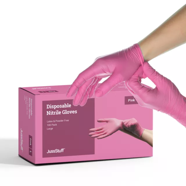 JussStuff Nitrile Exam Latex & Powder Free Gloves - Pink - 100 pk (LG)