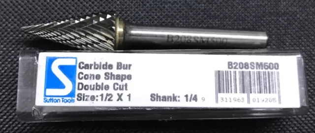 Sutton B208 SM500 1/4” Shank Carbide Burr Come Shape Double Cut 1/2”x1” 019208