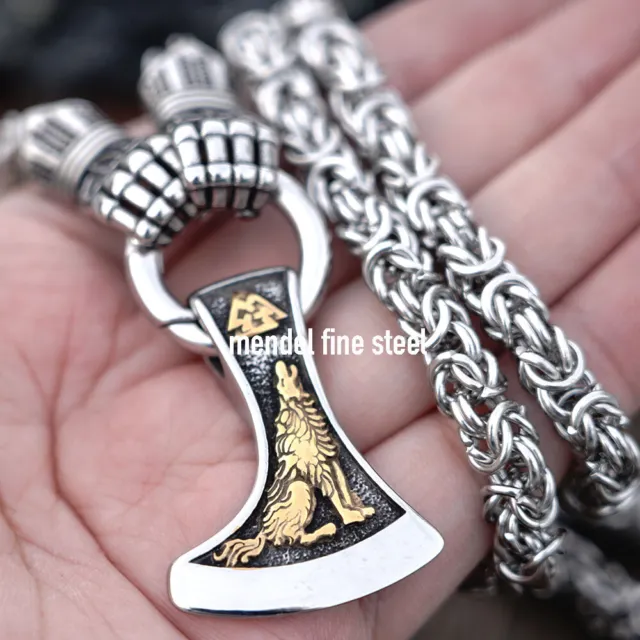 MENDEL Mens 30 Inch Stainless Steel Viking Axe Wolf Raven Pendant Necklace Chain
