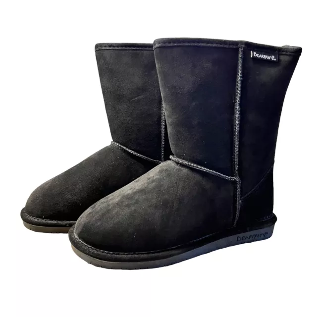 BEARPAW Womens Boots Emma Short 608W Black Sheepskin Pull On Size 8