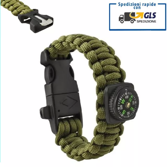 BRACCIALE IN PARACORD 5 in 1 CON BUSSOLA DA ESCURSIONE SOPRAVVIVENZA CAMPEGGIO