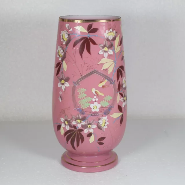 1880s Pink Case Art Glass Vase Hand Painted Enamel Bird & Flowers Victorian