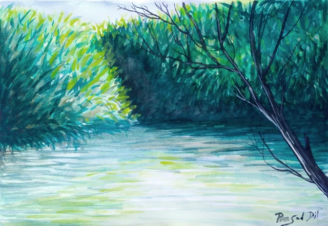 Original Water color Painting Art Drawing for Wall Decoration River Side bank