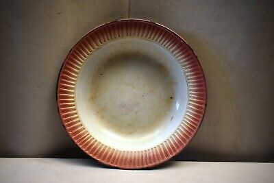 Antique French Enamelware Shabby Chic Enamel Dishes Plate Swirl Pink Rim Rare"2