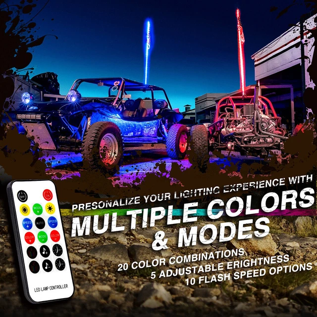 Pair 3ft RGB Spiral LED Whip Lights Antenna Chase + Flag&Remote for ATV UTV