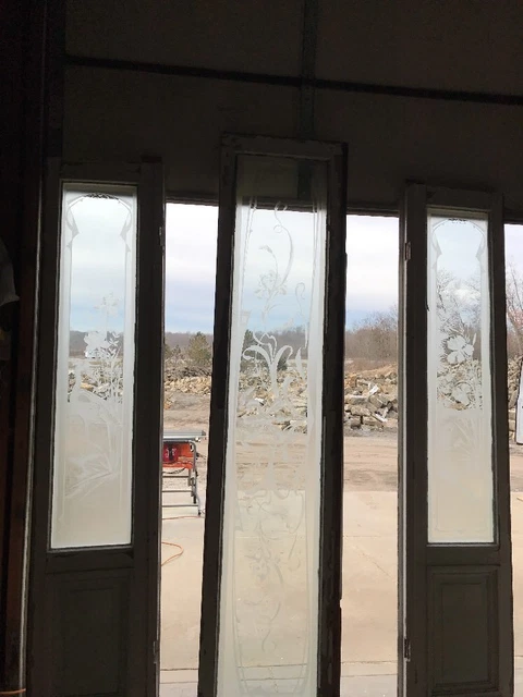 Amazing Etched Three-Piece Double Door Transom Entry Set Antique glass
