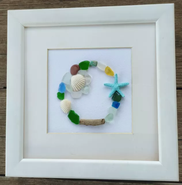 Beach Sea Glass Art framed,Coastal Wreath Picture, Shells,cornish Cornwal 3