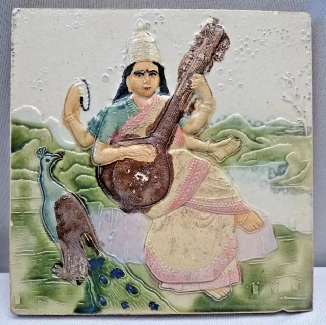 Antique Sarasvati Raja Ravi Varma Tile Painting Object Majolica Art India #336