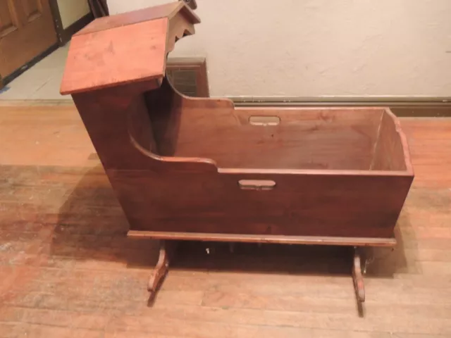 Large Vintage Solid Wooden Rocking Cradle Crib Baby Bed Bonnet Top Hood