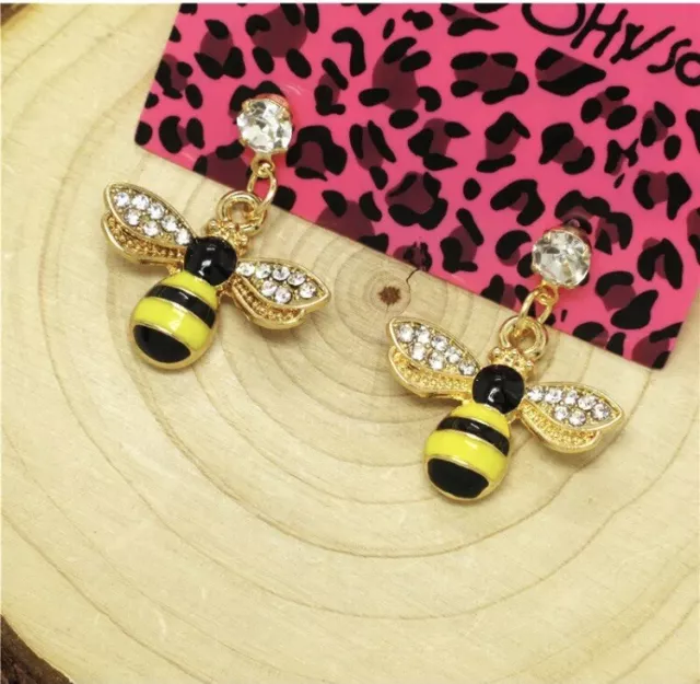 Betsey Johnson Yellow Enamel Bee Honey Crystal Earrings NWT