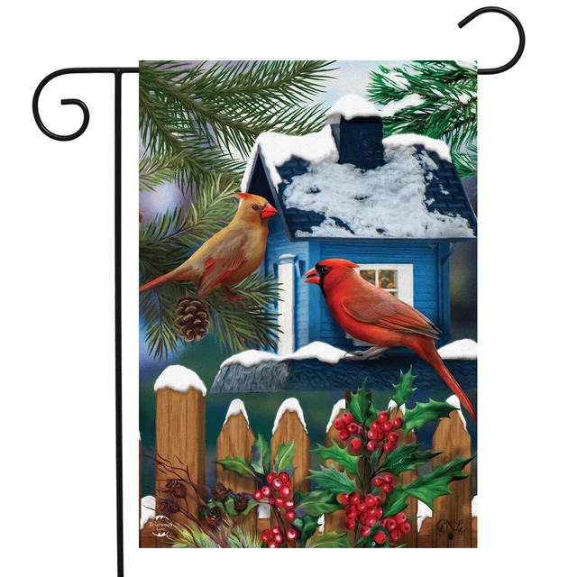 Snow Day Cardinals Winter Garden Flag Birdhouse Berries 12.5"x18" Briarwood Lane