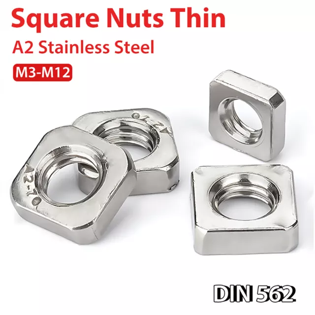 M3 M4 M5 M6 M8 M10 M12 Square Nuts Thin Type A2 Stainless Steel - DIN 562