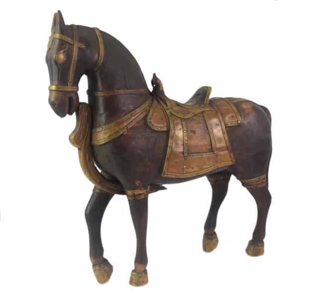 Old Brass Fitted Wooden Horse Sculpture Indien Handmade Folk Art Figure i71-632