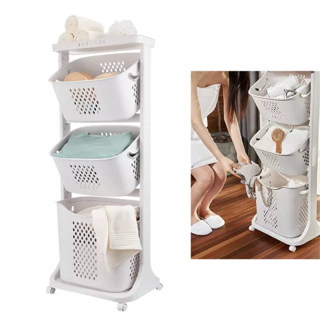Laundry 3-Basket Rolling Cart Wheel Washing Hamper Storage Bin Shelf 3 Tier SALE