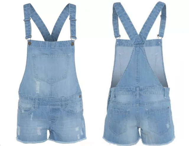 Kids Girl's Denim Jean Dungaree Short & Long Ripped Jumpsuit Playsuits Ages 7-13 2