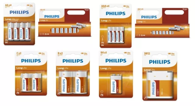 Philips LongLife Zinc Batteries | AA, AAA, C, D, 9V & 3R12 | All Sizes & Packs