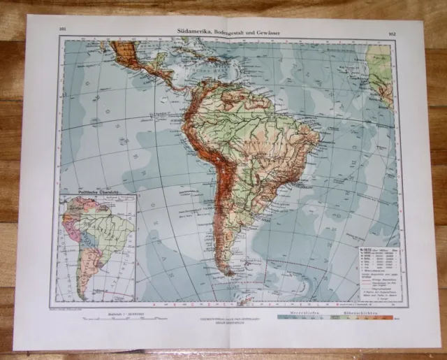 1928 Vintage Map Of South America Argentina Ecuador Colombia Venezuela Brazil