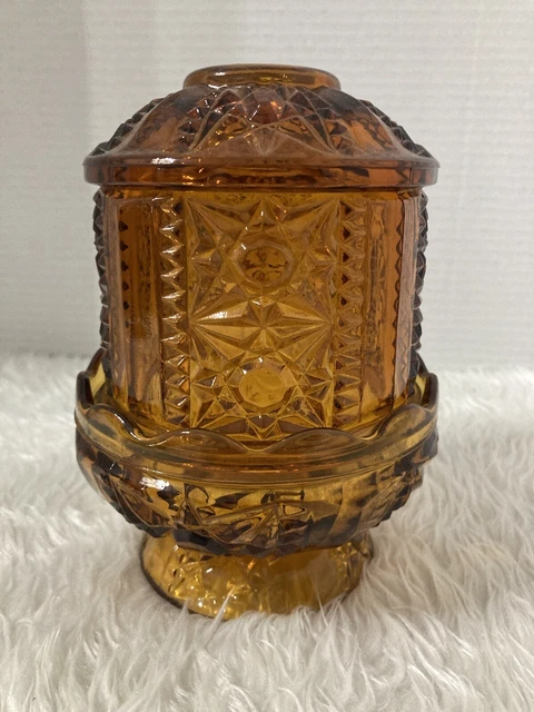 Vintage Indiana Glass Stars &Bars Fairy Lamp Amber Color 2 Pcs No Chips Or Crack