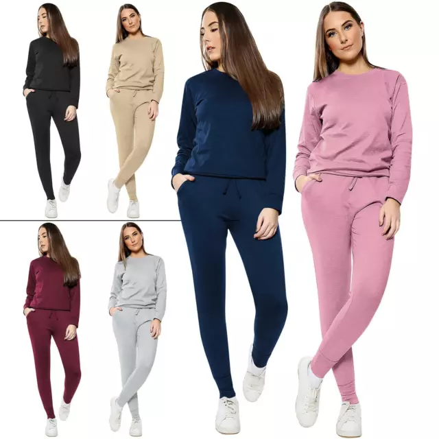 Womens Ladies Long Sleeve Plain Lounge Wear Casual Comfy Two Piece Tracksuit Set