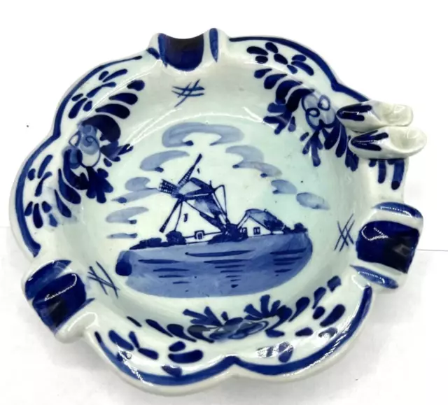 Vintage Dutch Hand Painted Blue Delft Windmill Ashtray Miniature Clogs Numbered