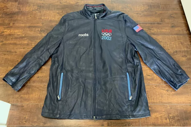 Vintage 2002 Olympics USA ROOTS Full Zip Blue Leather Jacket Coat Size XL *NEW*