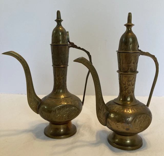 2 Vintage Ornate Etched Solid Brass Teapot Genie Lamp Oil Pitcher Made in India