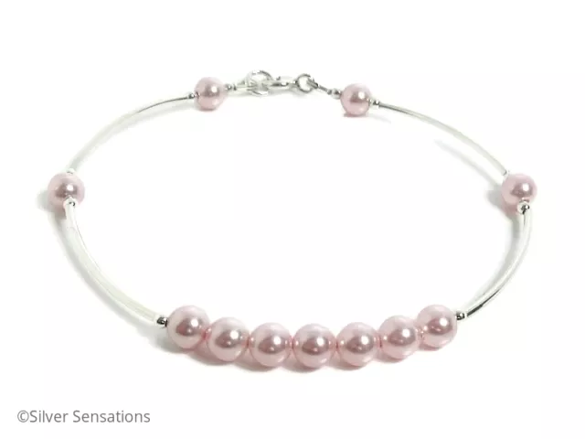 Pastel Pink Swarovski Pearls & Sterling Silver Handmade Wedding Bangle Bracelet