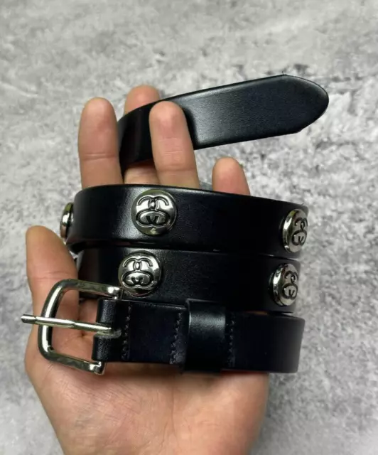 Vintage Stussy black Leather Belt Size S/M Spiked Bulldog Tattoo Y2K