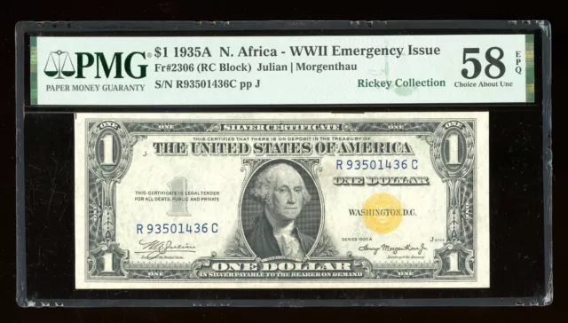 DBR 1935-A $1 North Africa Silver Fr. 2306 RC Block PMG 58 EPQ Serial R93501436C