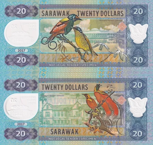 Sarawak Set 2 PCS 20 Dollars 2017 Malaysia Polymer Birds Fantasy