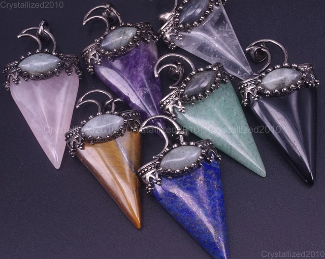 Natural Gemstone Moon Triangle Reiki Chakra Healing Pendant Beads Tibetan Silver