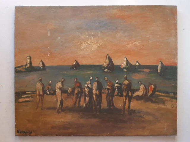Ancien tableau Art Moderne LA PLAGE peinture Sylvain VIGNY à NICE mer baigneurs