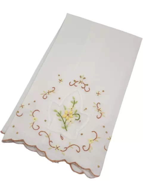 Vintage Linen Tea Towel Embroidered Yellow Florals Brown Scalloped Trim