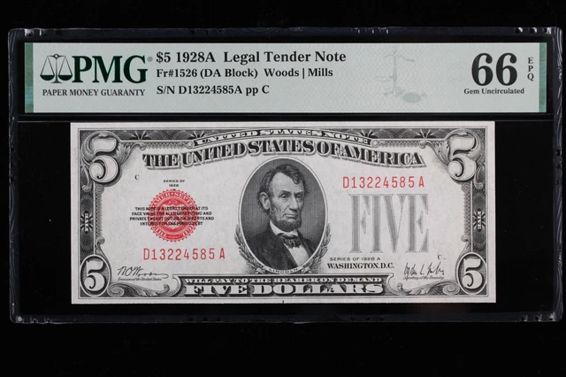 $5 1928A PMG66EPQ Legal Tender D13224585A Tough DA blk red seal US Note series A