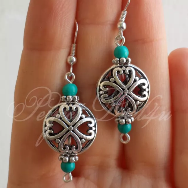 Tibetan Silver and Natural Turquoise Round Filigree earrings 925 Sterling Hooks