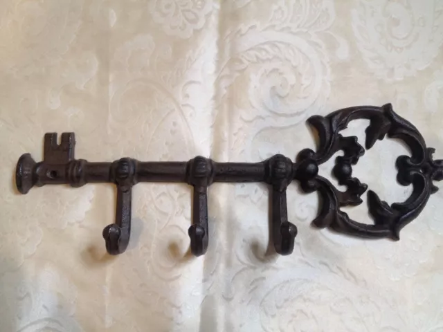 French Country Victorian Brown Cast Iron Skeleton Scroll Key Coat Wall Hook 13”L