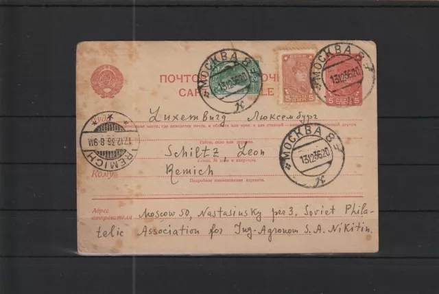 Sowjetunion Ganzsache Karte + ZuF Moskau nach Remich/Luxemburg, 1936 #1104093