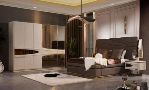 Ensemble Chambre à Coucher Lit Double Luxe Lit Moderne Gris Set 4tlg Beige