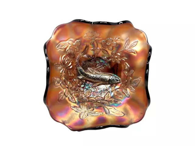 RARE! Antique Millersburg "Big Fish" Amethyst Carnival Glass Square 6.5" Bowl