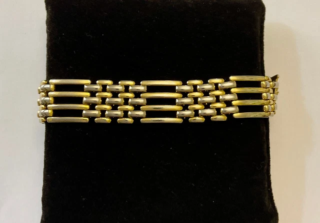 Bracelet Bijou Ancien Et Vintage En Or De Tolède, Avec Fermoir Chaînette De Sécurité Et Ornements En Nacre - Occasion En Bon état